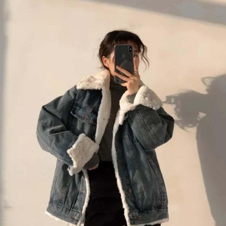 Women's Fleece-lined Thick Lamb Wool Denim Loose Korean Style Coats