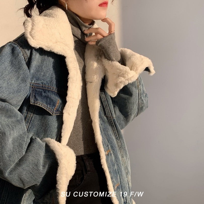 Women's Fleece-lined Thick Lamb Wool Denim Loose Korean Style Coats