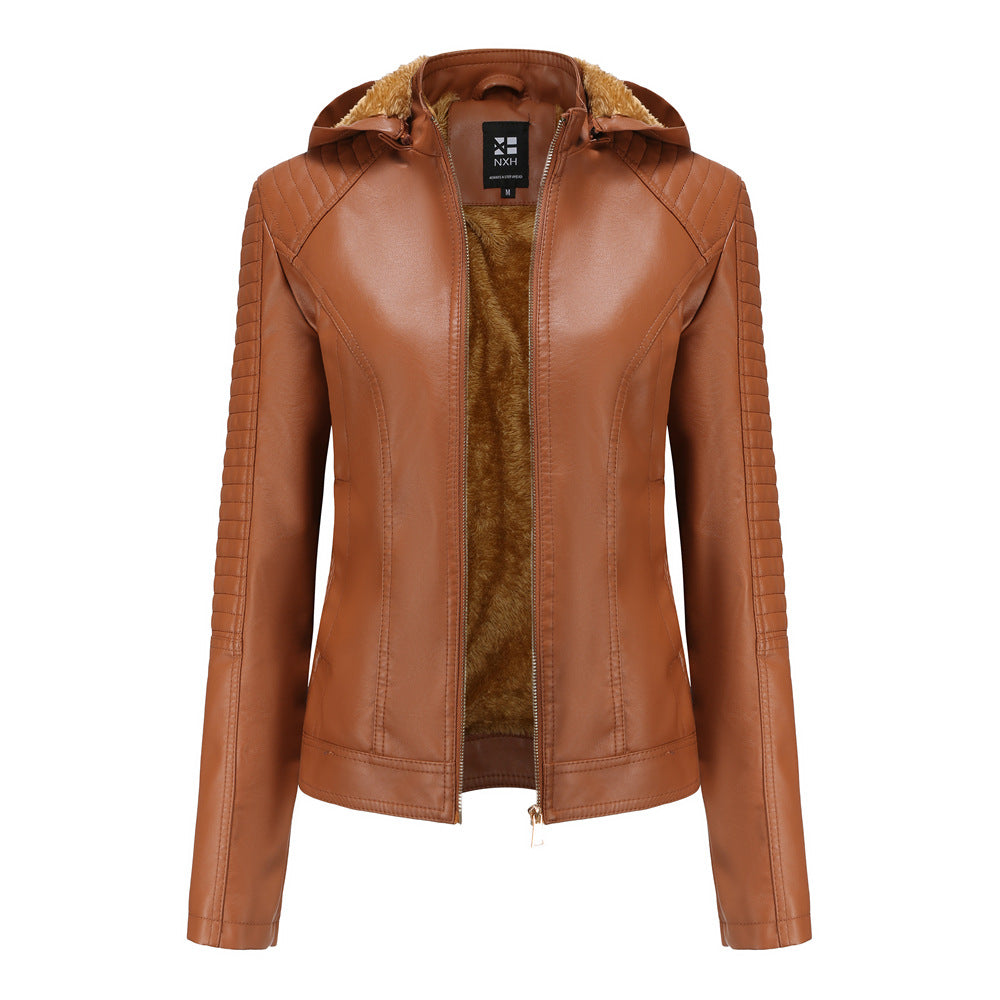 Women's Fleece-lined Leather Hooded Warm Leisure Plus Size