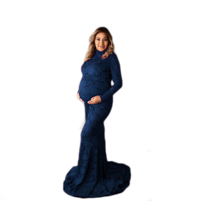 Women's Lace Long Sleeve Turtleneck Trailing Dress Dresses