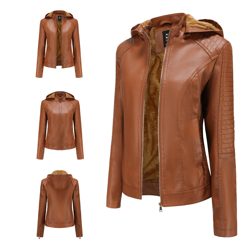 Women's Fleece-lined Leather Hooded Warm Leisure Plus Size