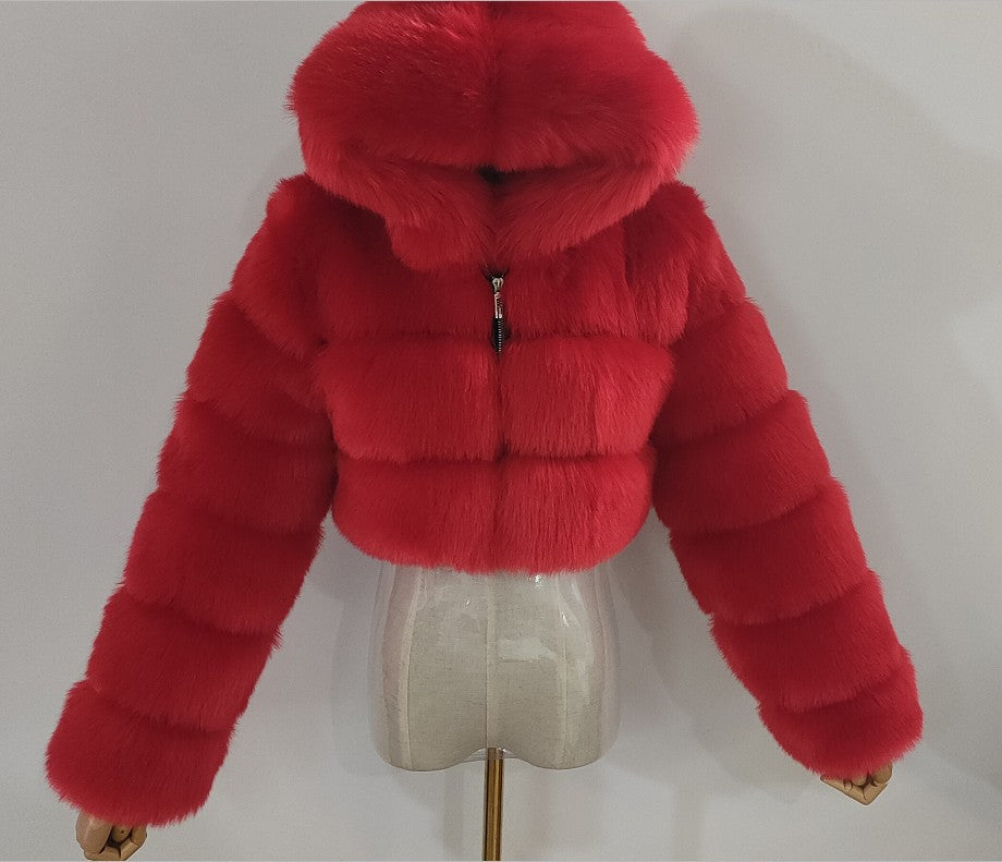Women's Fur Hooded Faux Imitation Fox Long Coats