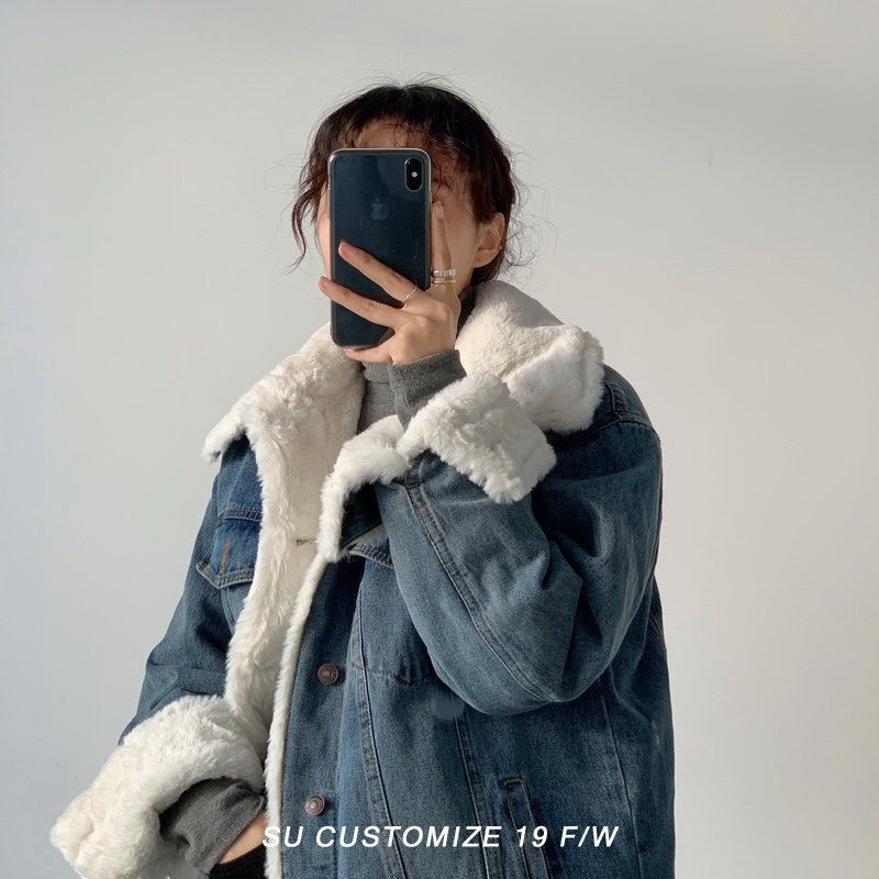 Women's Fleece-lined Thick Lamb Wool Denim Loose Korean Style Coats