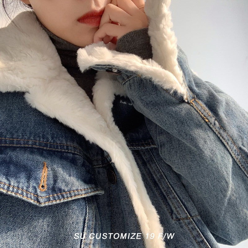 Women's Fleece-lined Thick Lamb Wool Denim Loose Korean Style Coats