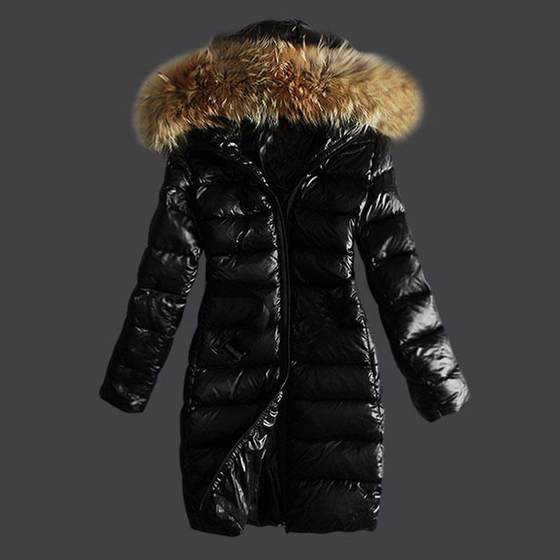 Women's Faux Raccoon Fur Collar Hat Long Coats
