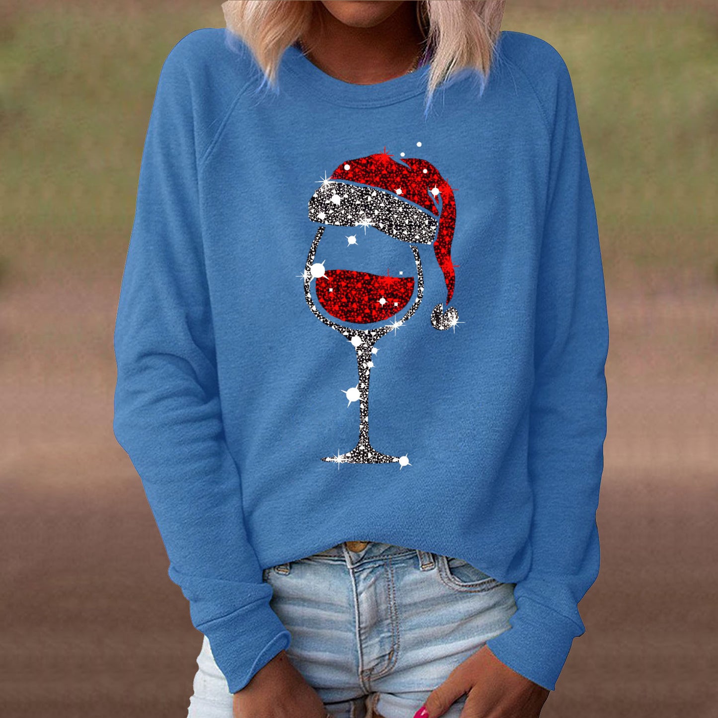 Women's Red Wine Glass Graphic Print Crew Neck Long-sleeved Casual Women's Sweater, Sweater
