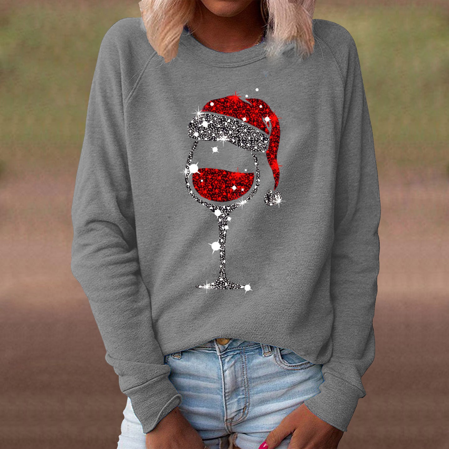 Women's Red Wine Glass Graphic Print Crew Neck Long-sleeved Casual Women's Sweater, Sweater