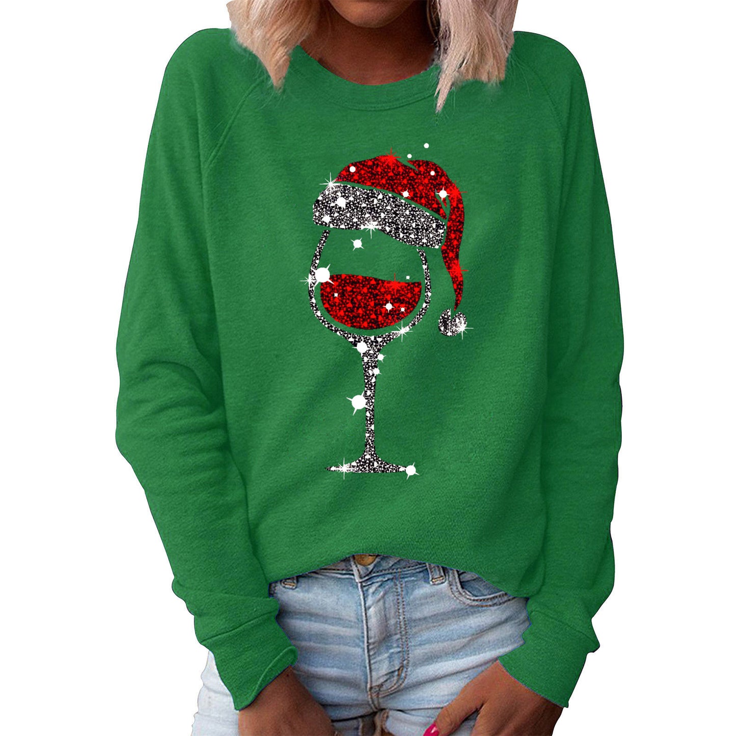 Women's Red Wine Glass Graphic Print Crew Neck Long-sleeved Casual Women's Sweater, Sweater