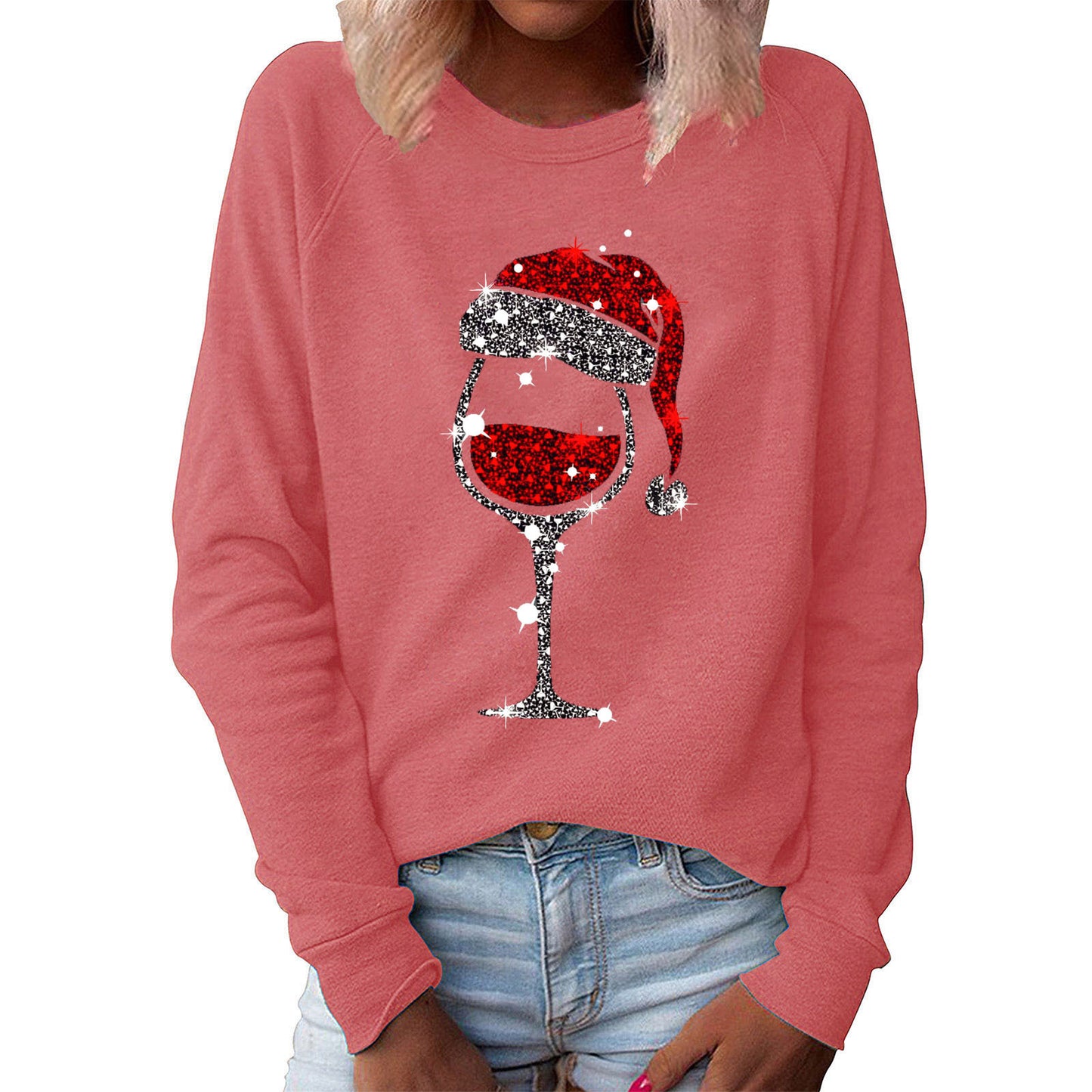 Women's Red Wine Glass Graphic Print Crew Neck Long-sleeved Casual Women's Sweater, Sweater