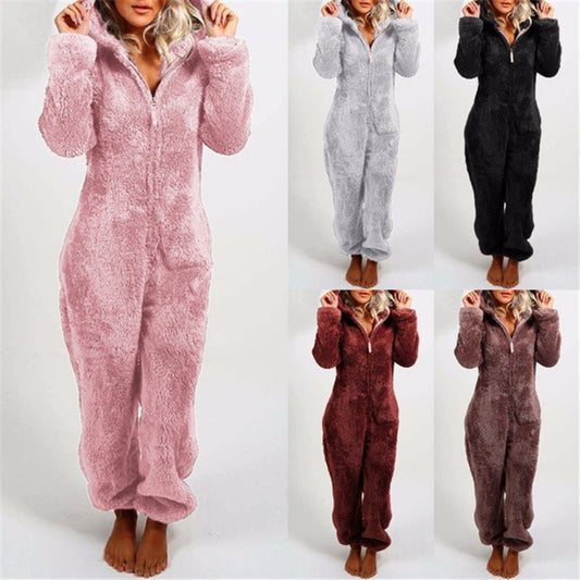 Fleece-lined Thickened Furry Hooded Pajamas Fashion Suits