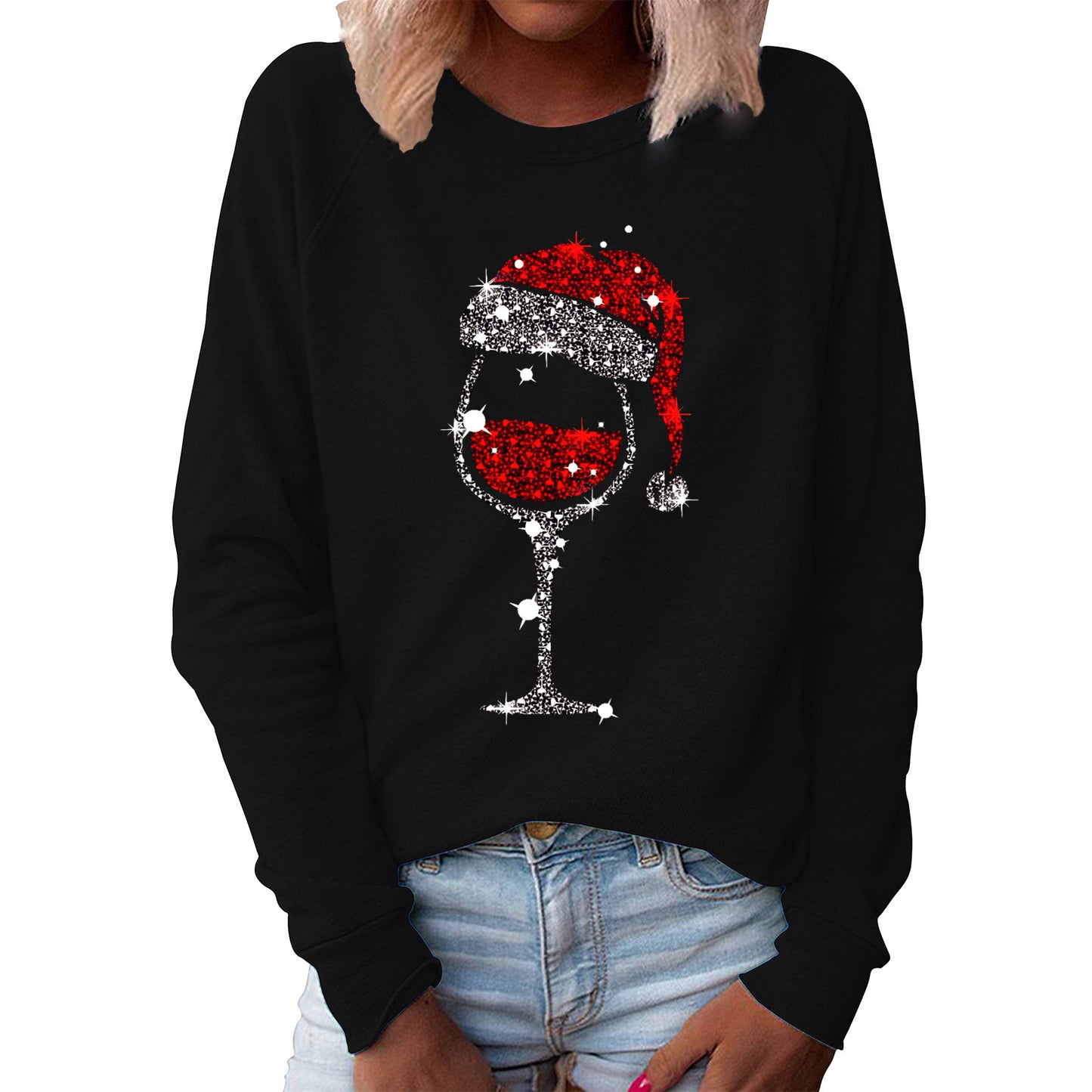 Women's Red Wine Glass Graphic Print Crew Neck Long-sleeved Casual Women's Sweater, Sweater