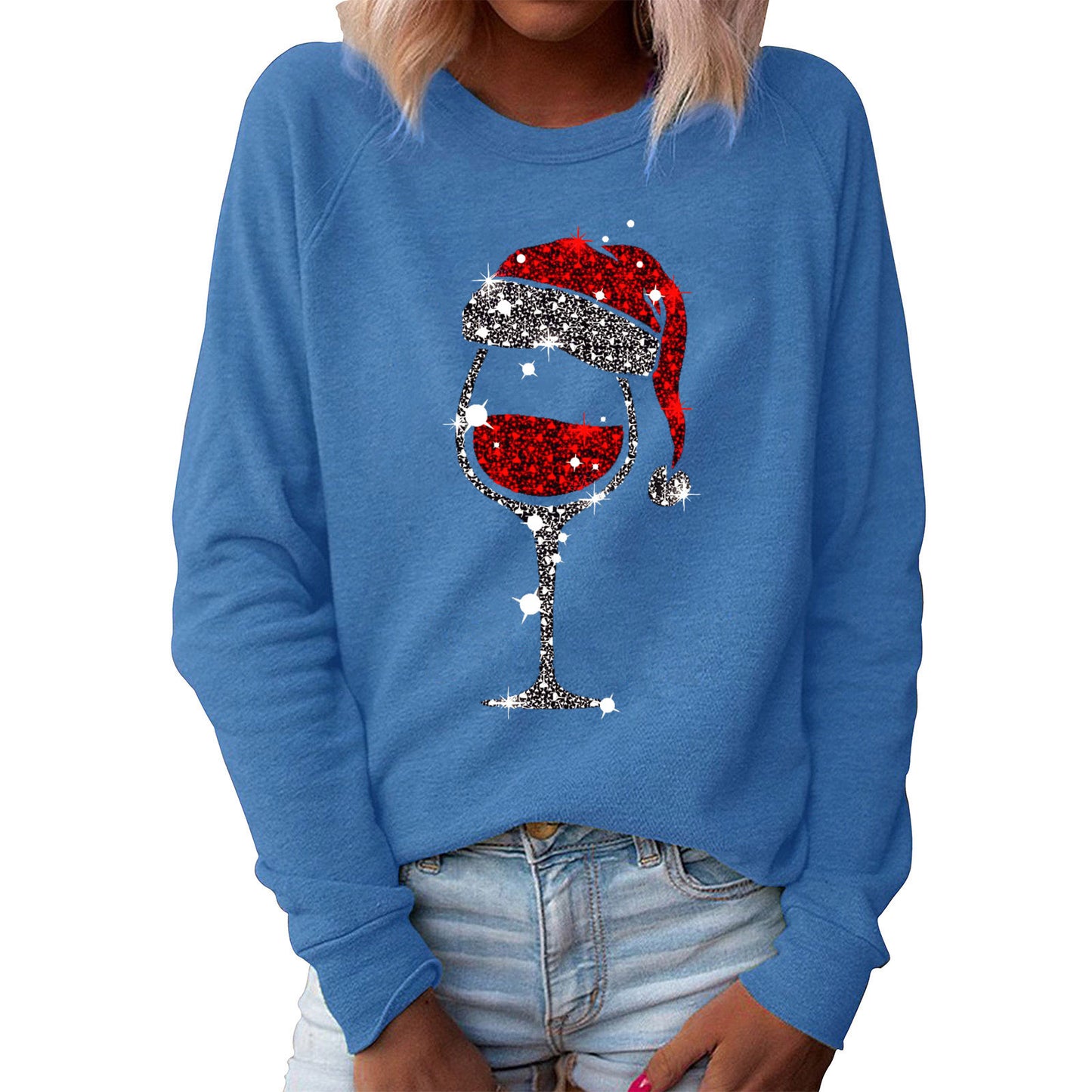 Women's Red Wine Glass Graphic Print Crew Neck Long-sleeved Casual Women's Sweater, Sweater