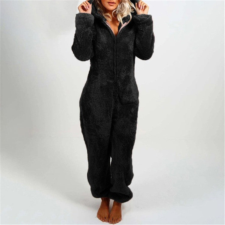Fleece-lined Thickened Furry Hooded Pajamas Fashion Suits
