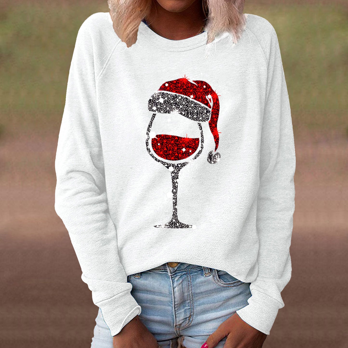 Women's Red Wine Glass Graphic Print Crew Neck Long-sleeved Casual Women's Sweater, Sweater
