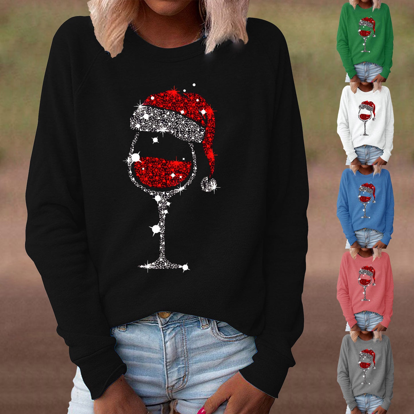 Women's Red Wine Glass Graphic Print Crew Neck Long-sleeved Casual Women's Sweater, Sweater