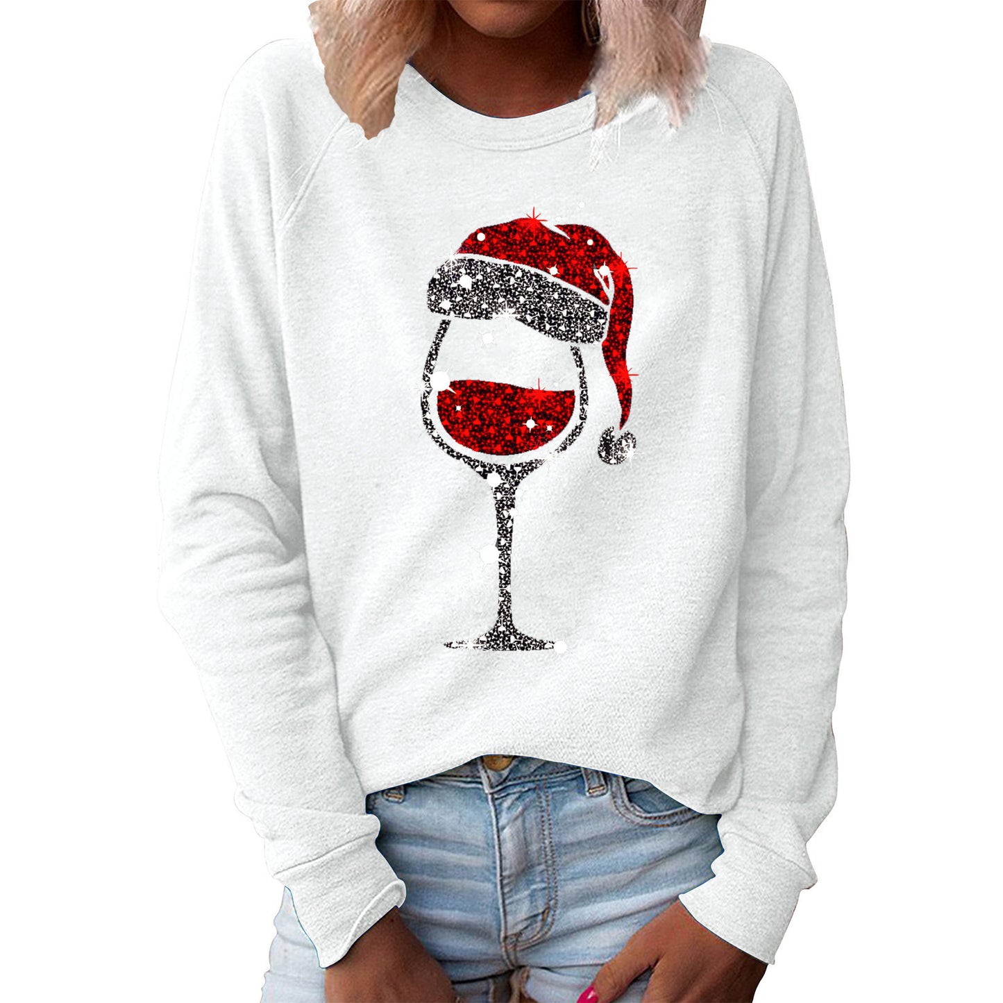 Women's Red Wine Glass Graphic Print Crew Neck Long-sleeved Casual Women's Sweater, Sweater