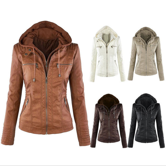 Women's Elegant Euro Hood Zipper Leather Sweaters