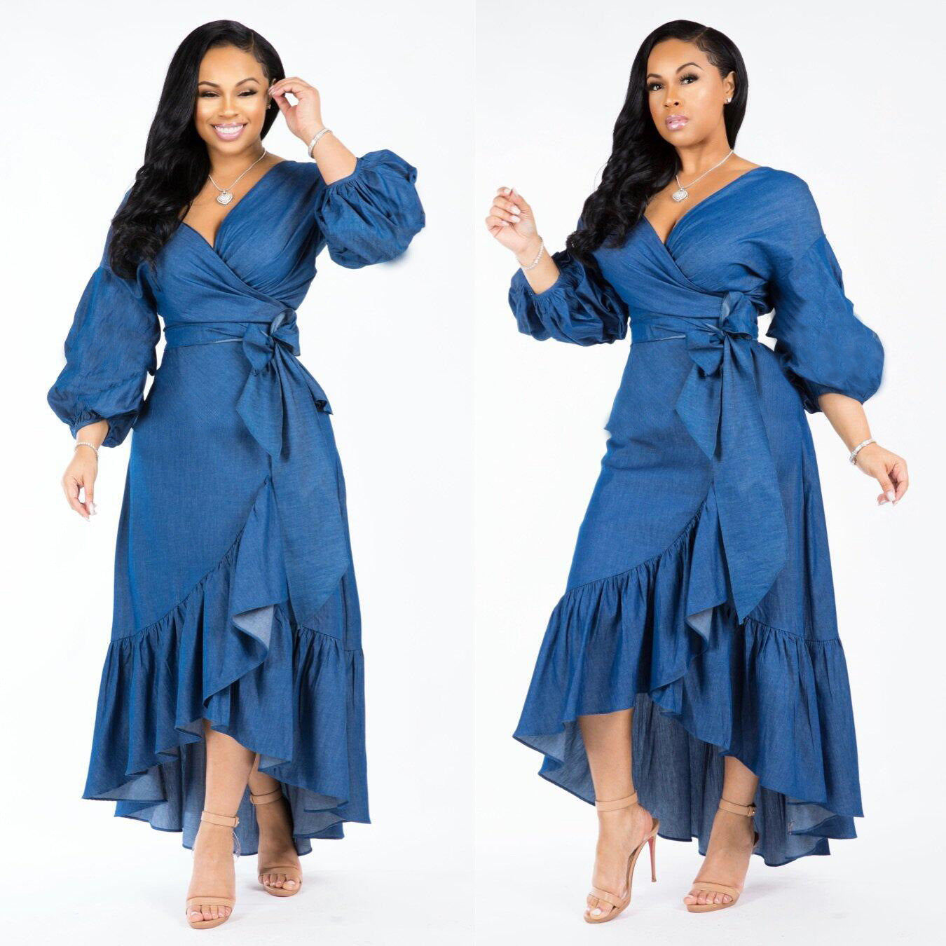 Women's Ruffled Lantern Sleeves Denim Dress Dresses
