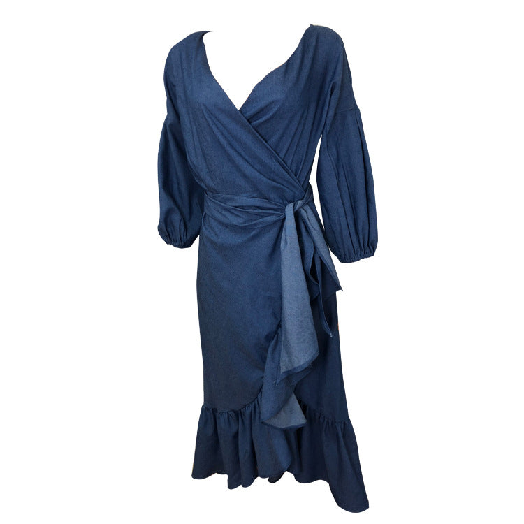 Women's Ruffled Lantern Sleeves Denim Dress Dresses