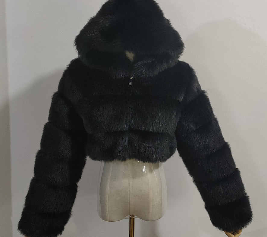 Women's Fur Hooded Faux Imitation Fox Long Coats