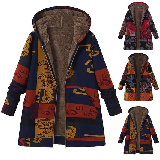 Women's Zipper Hooded Plush Vintage Printed Color Coats