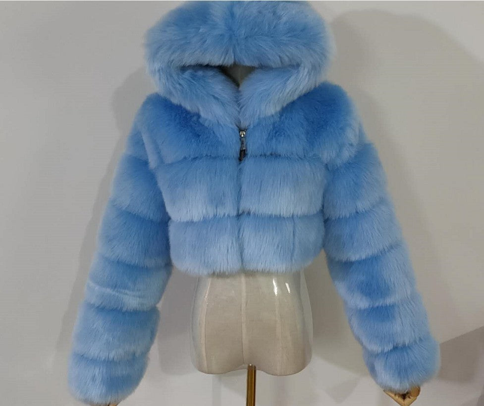 Women's Fur Hooded Faux Imitation Fox Long Coats