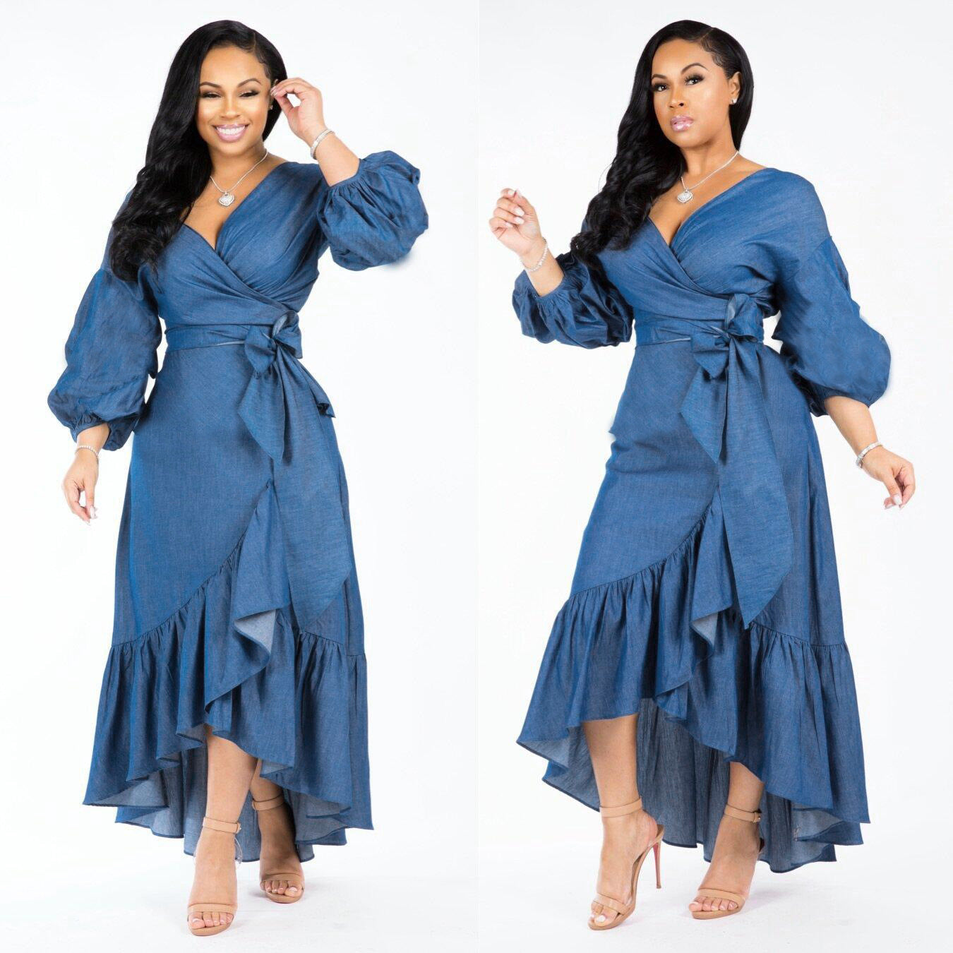 Women's Ruffled Lantern Sleeves Denim Dress Dresses
