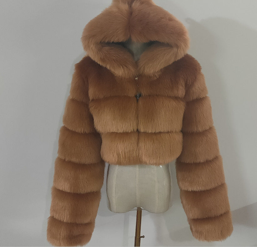Women's Fur Hooded Faux Imitation Fox Long Coats