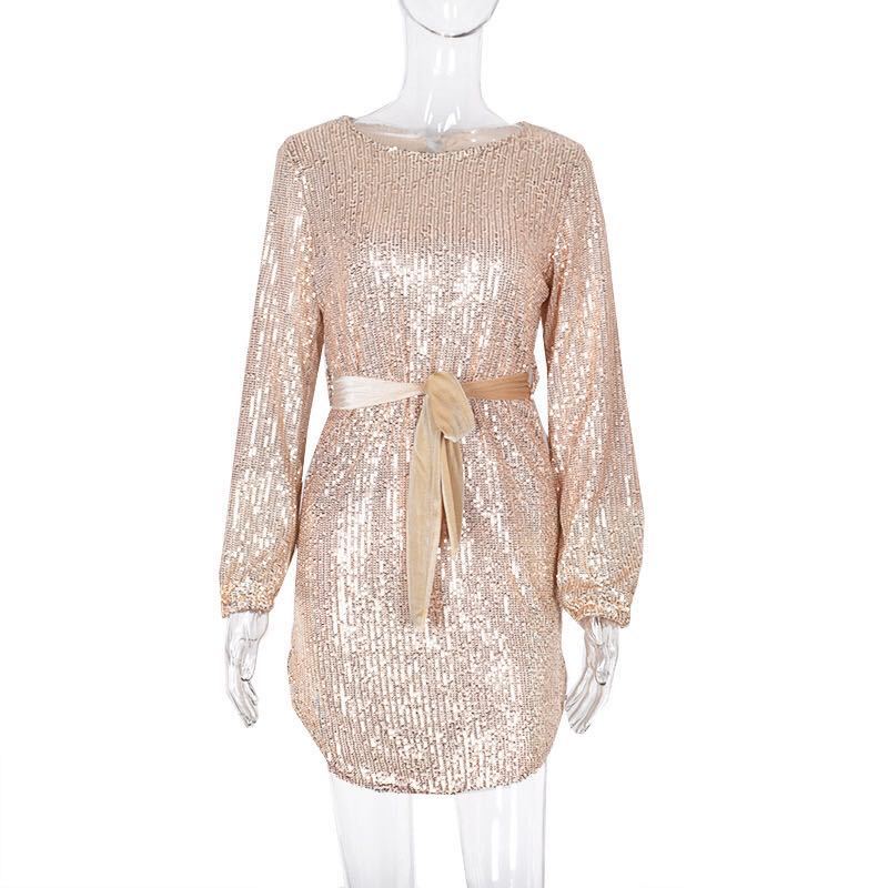 Women's Autumn Lantern Sleeve Round Neck Belt Dresses