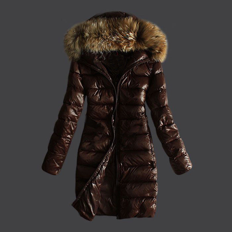 Women's Faux Raccoon Fur Collar Hat Long Coats