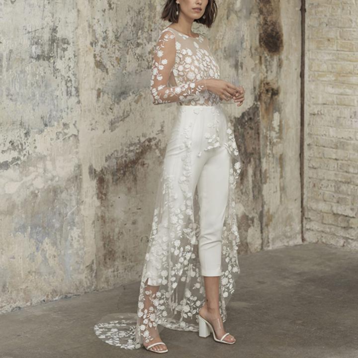 Women's Long Sleeve Lace Trench Fake Two Pants
