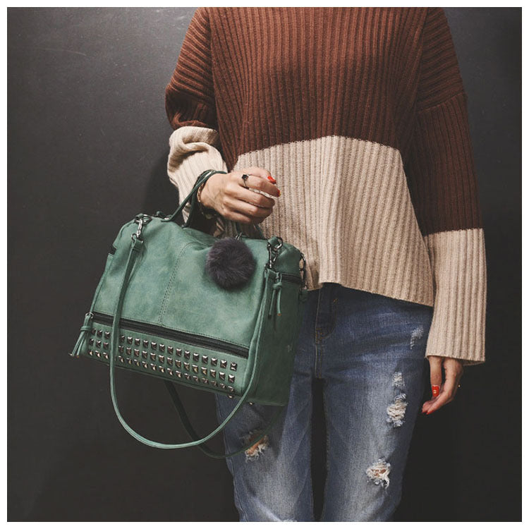 Women's Frosted Fur Ball Motorcycle Big Rivet Bags