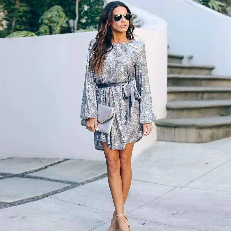Women's Autumn Lantern Sleeve Round Neck Belt Dresses