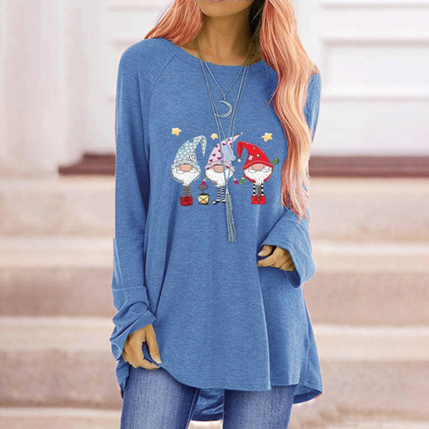 Women's Autumn Santa Claus Printed Loose Round Neck Women's T-shirt