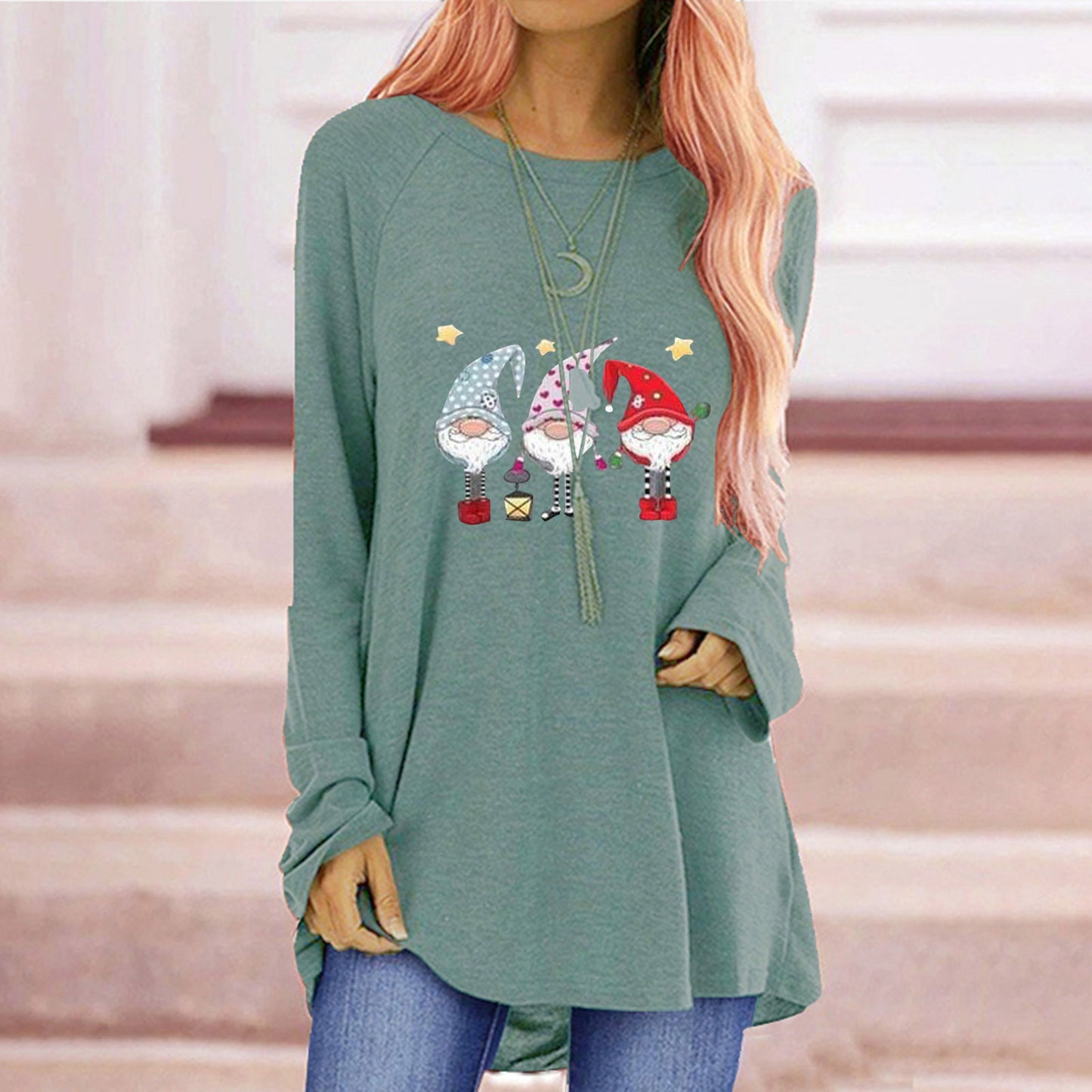 Women's Autumn Santa Claus Printed Loose Round Neck Women's T-shirt