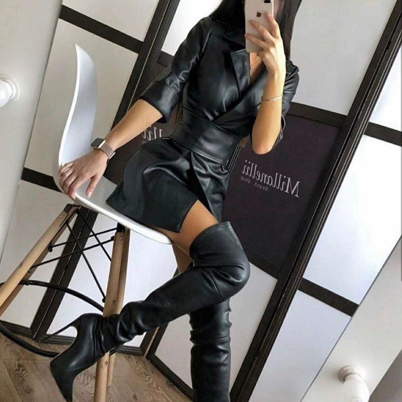 Women's Color Leather Collar Long Sleeve Dress Jackets