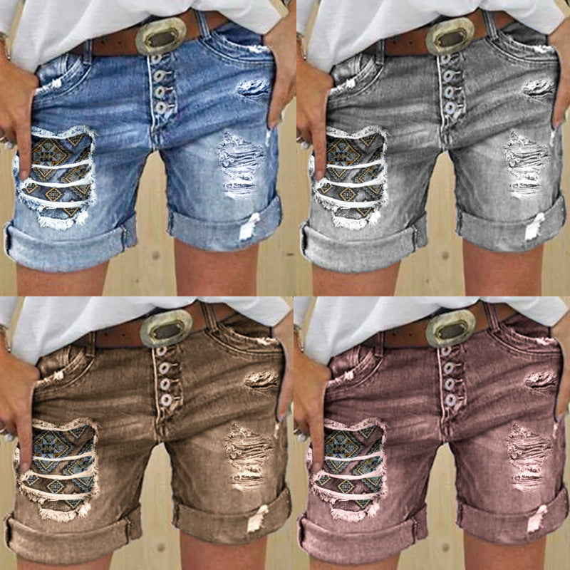 Summer Casual Cut-off Patch Breasted High Waist Embroidered Women's Jeans