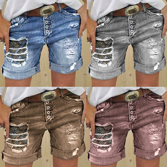 Summer Casual Cut-off Patch Breasted High Waist Embroidered Women's Jeans