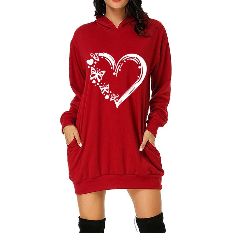 Women's Valentine's Day Printed Mid-length Hooded Long Sleeve Female Clothing