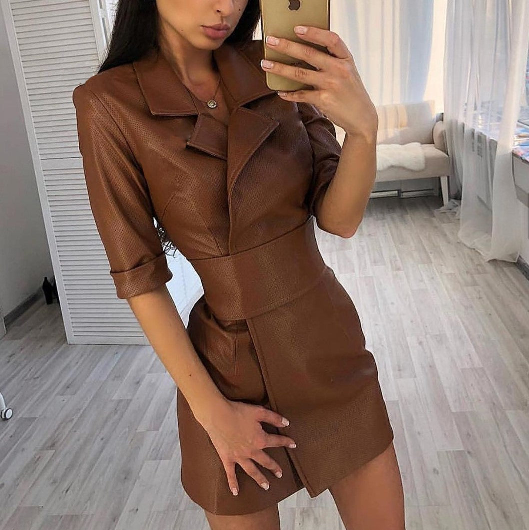 Women's Color Leather Collar Long Sleeve Dress Jackets