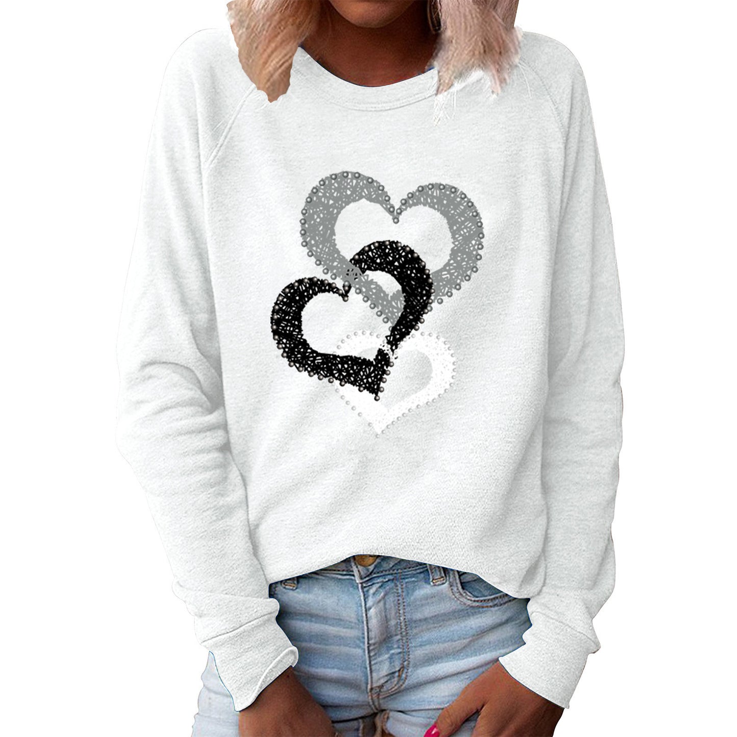 Women's Spring Valentine's Day Heart Printing Round Neck Long Women's Sweater, Sweater