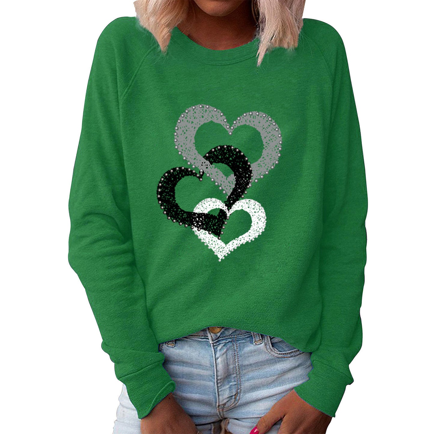 Women's Spring Valentine's Day Heart Printing Round Neck Long Women's Sweater, Sweater