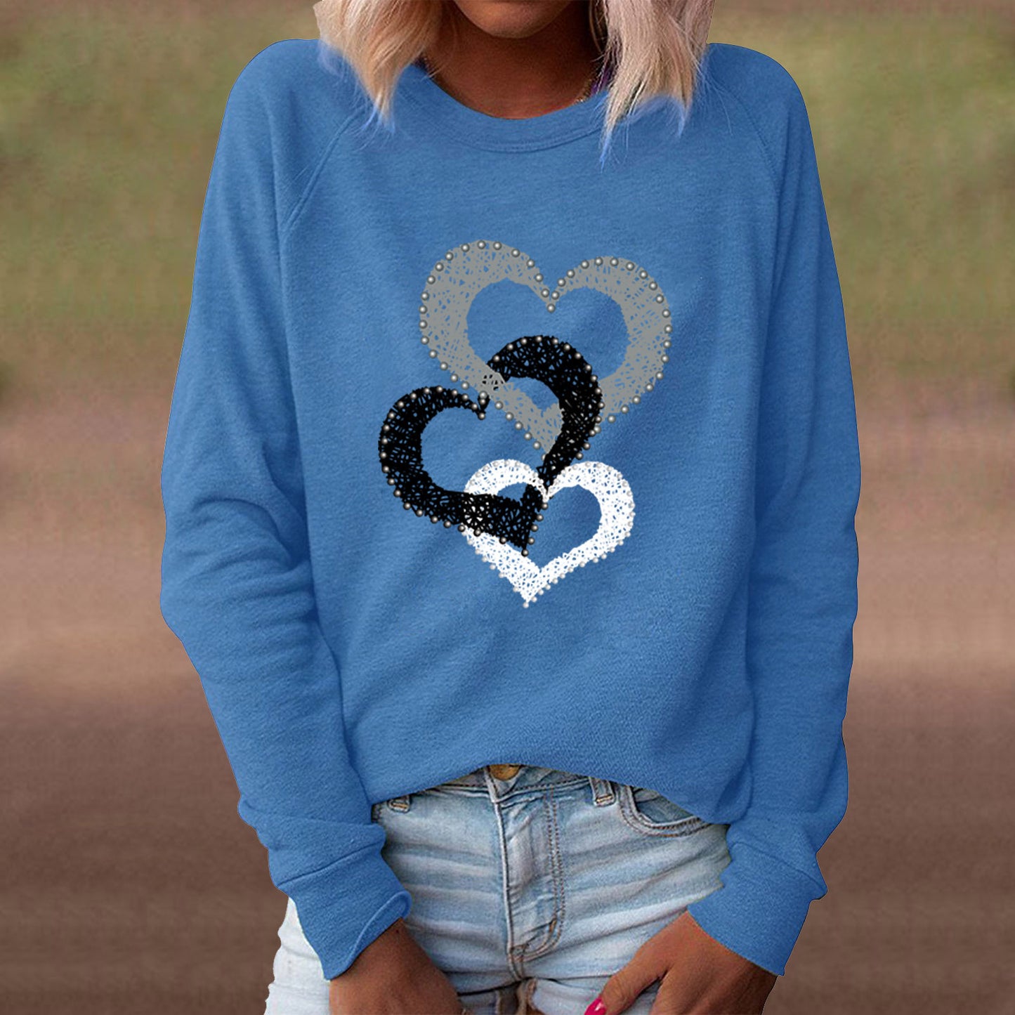 Women's Spring Valentine's Day Heart Printing Round Neck Long Women's Sweater, Sweater