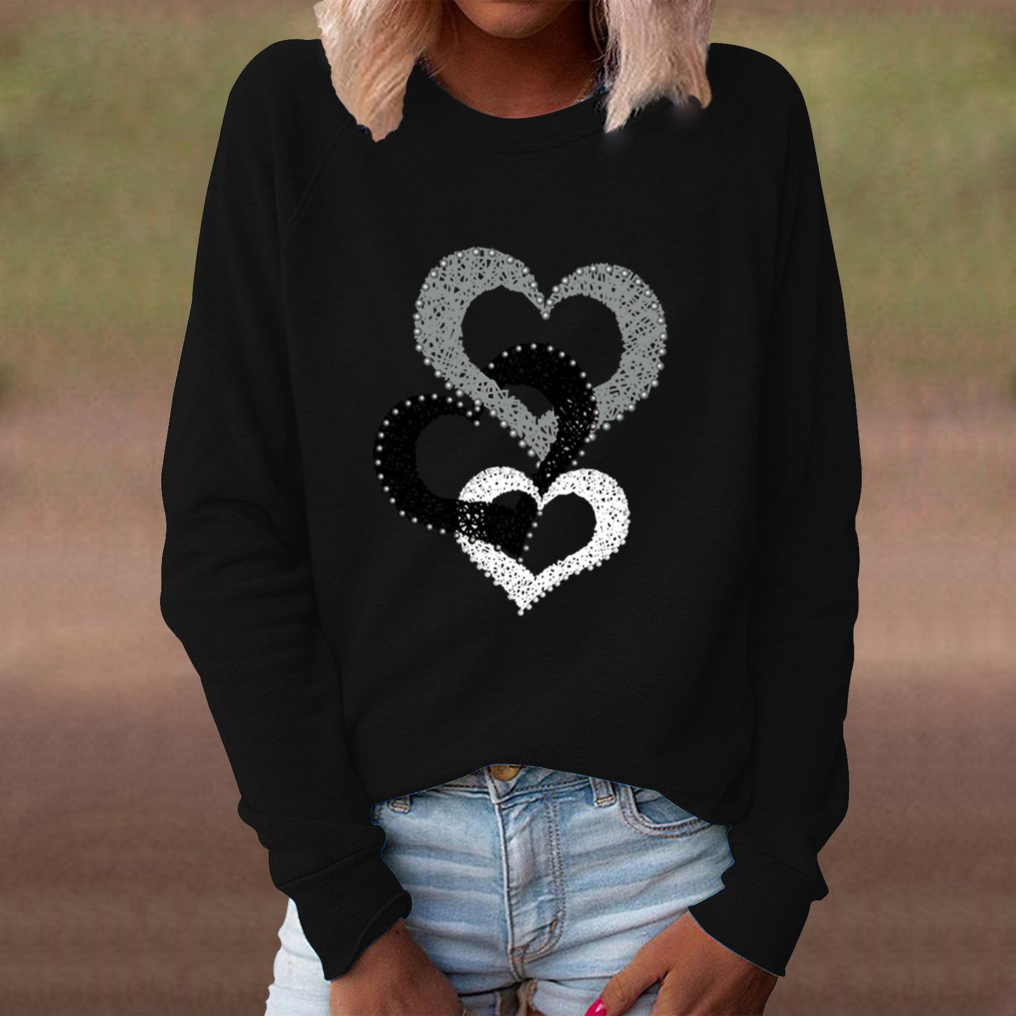 Women's Spring Valentine's Day Heart Printing Round Neck Long Women's Sweater, Sweater