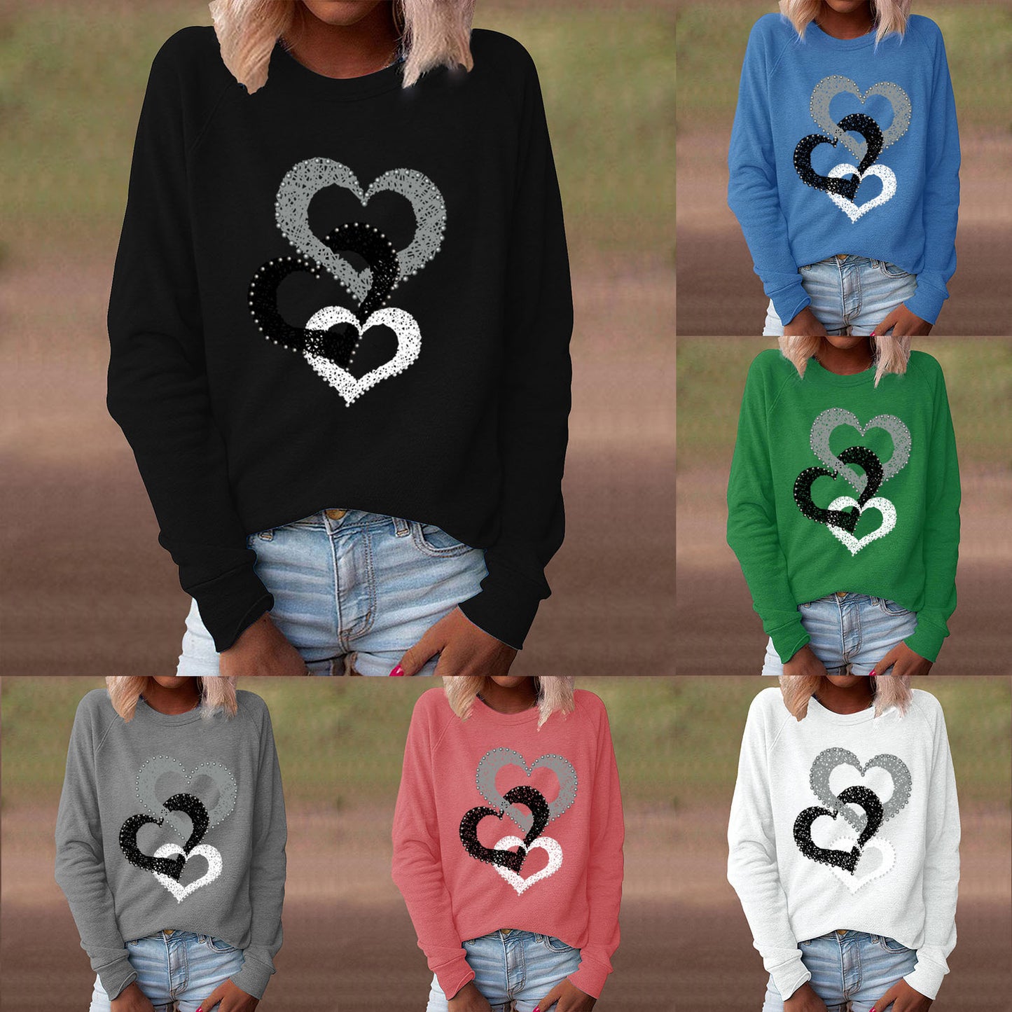 Women's Spring Valentine's Day Heart Printing Round Neck Long Women's Sweater, Sweater