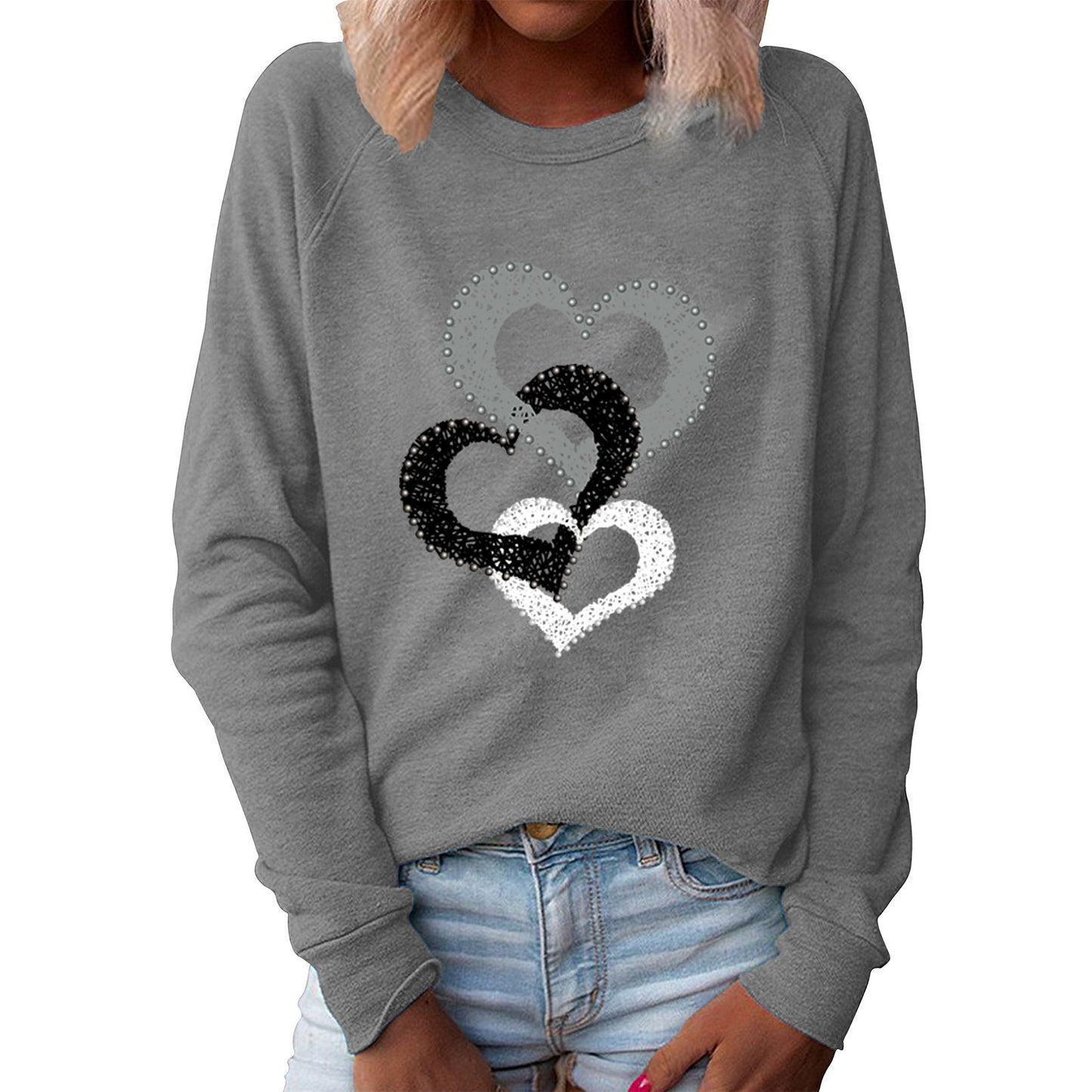 Women's Spring Valentine's Day Heart Printing Round Neck Long Women's Sweater, Sweater