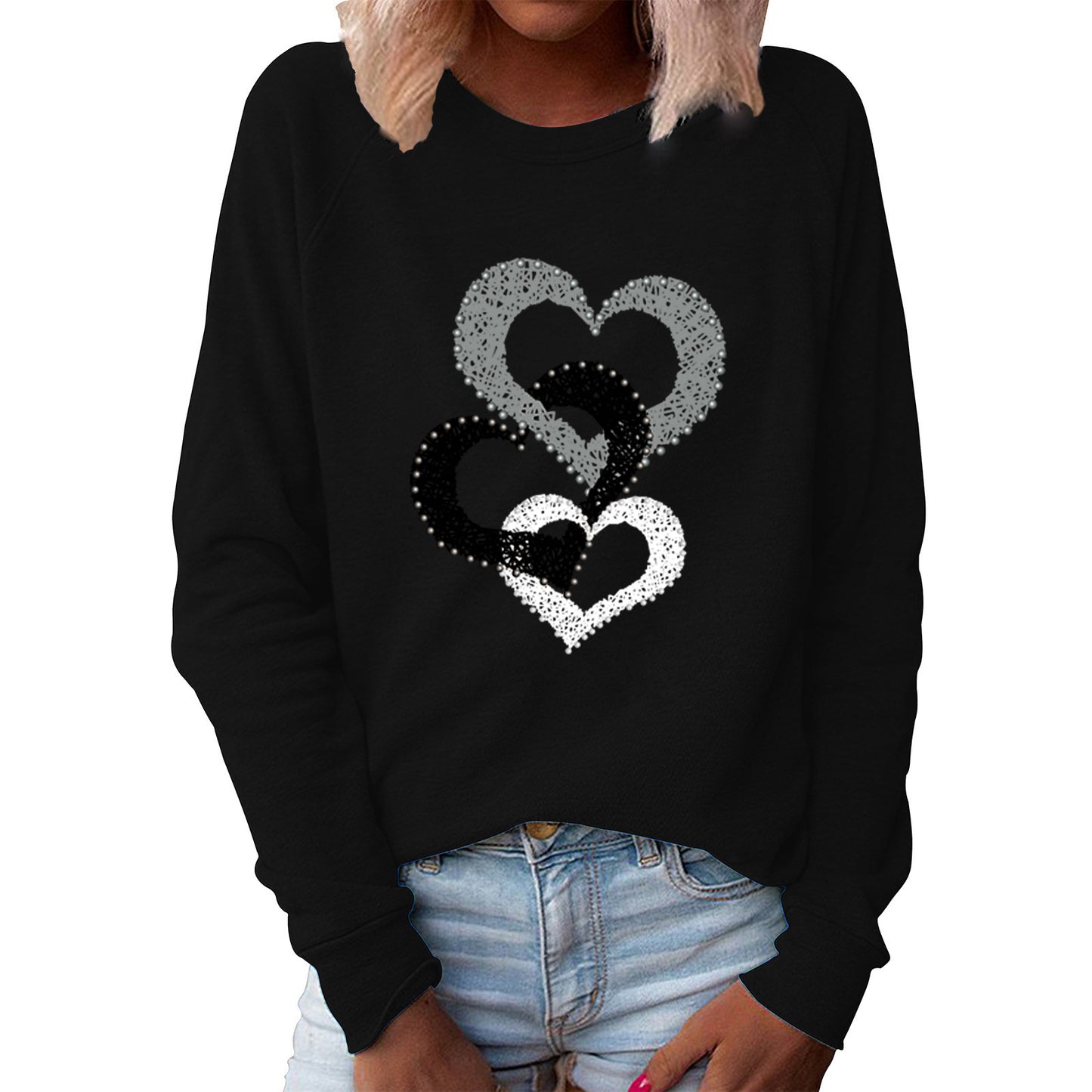 Women's Spring Valentine's Day Heart Printing Round Neck Long Women's Sweater, Sweater