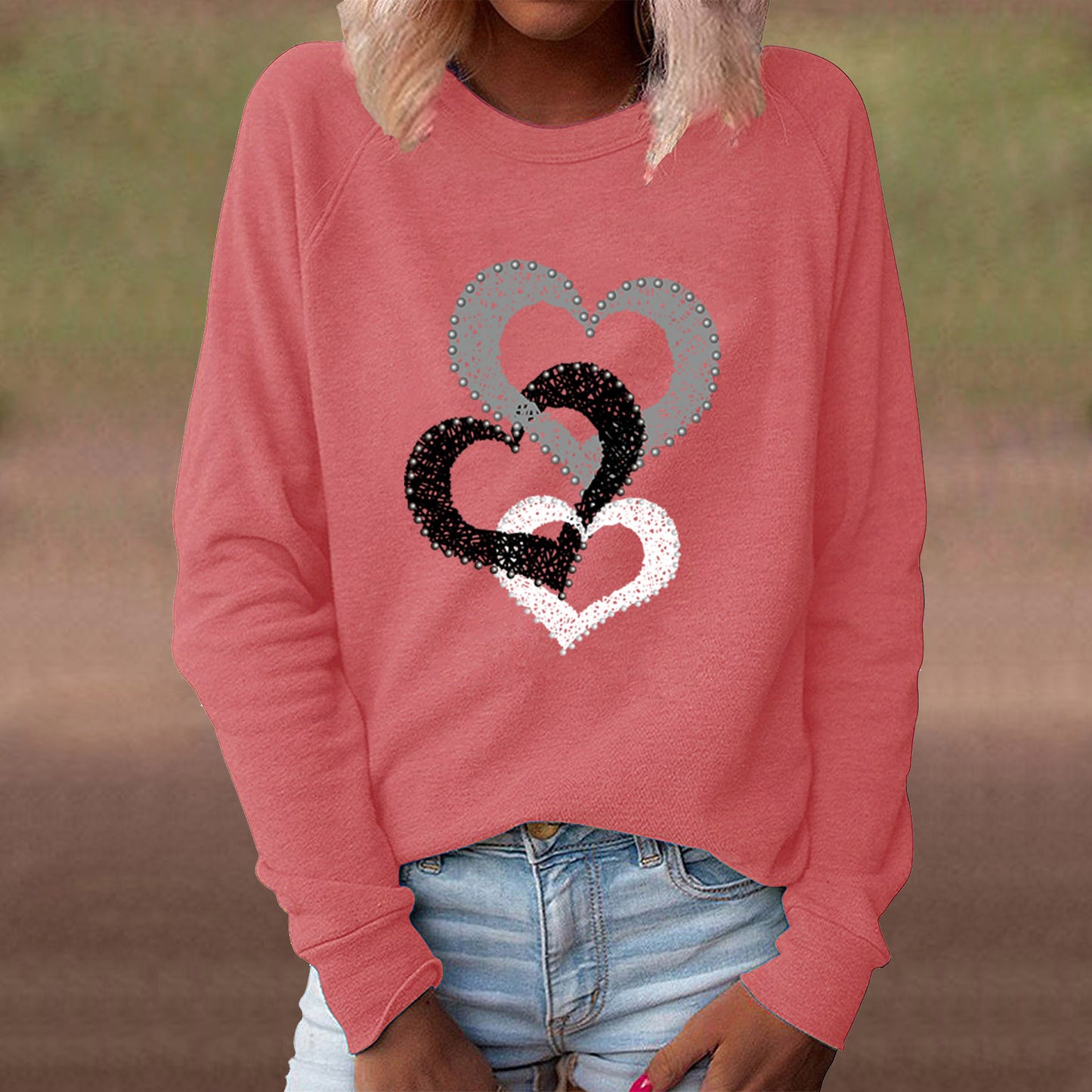 Women's Spring Valentine's Day Heart Printing Round Neck Long Women's Sweater, Sweater