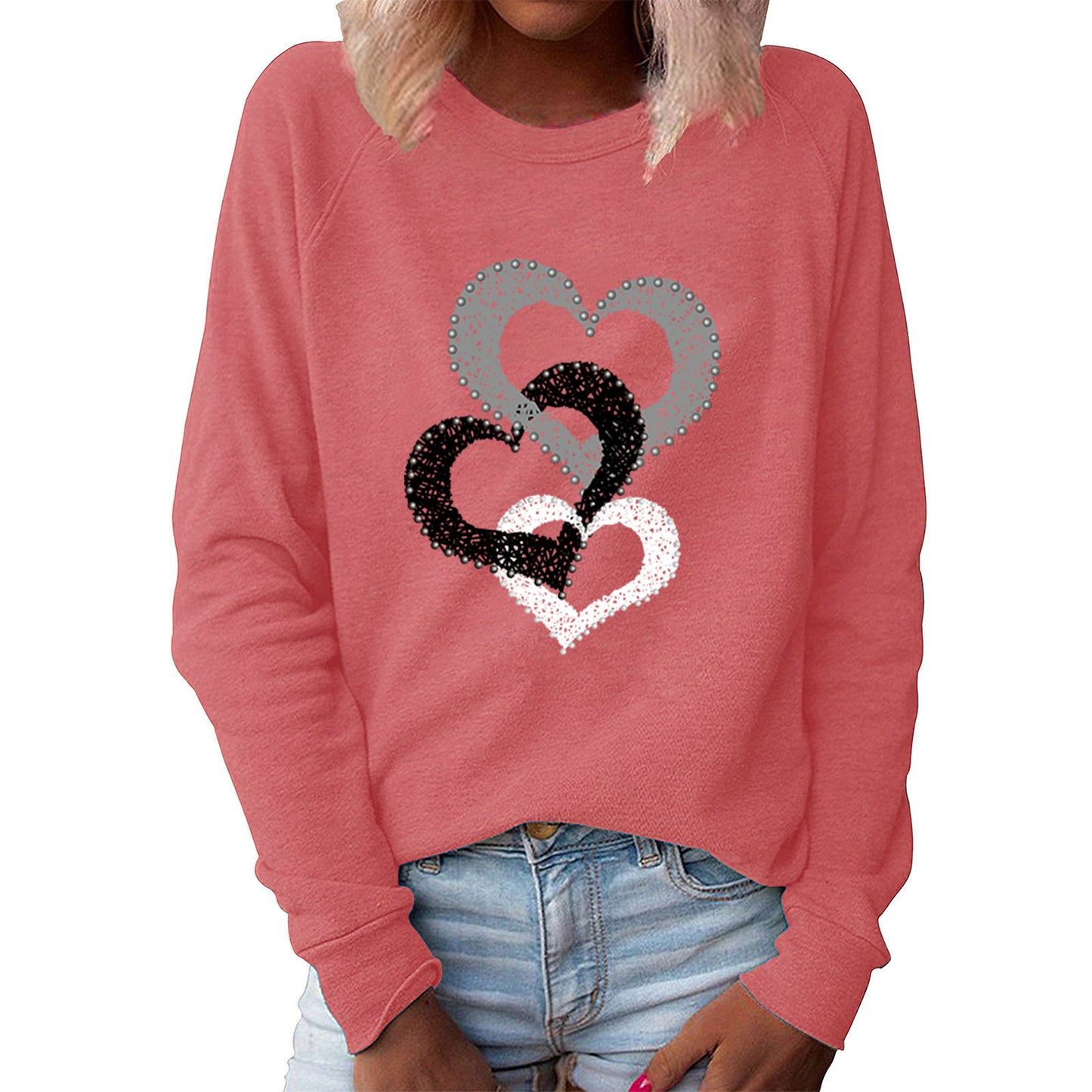 Women's Spring Valentine's Day Heart Printing Round Neck Long Women's Sweater, Sweater