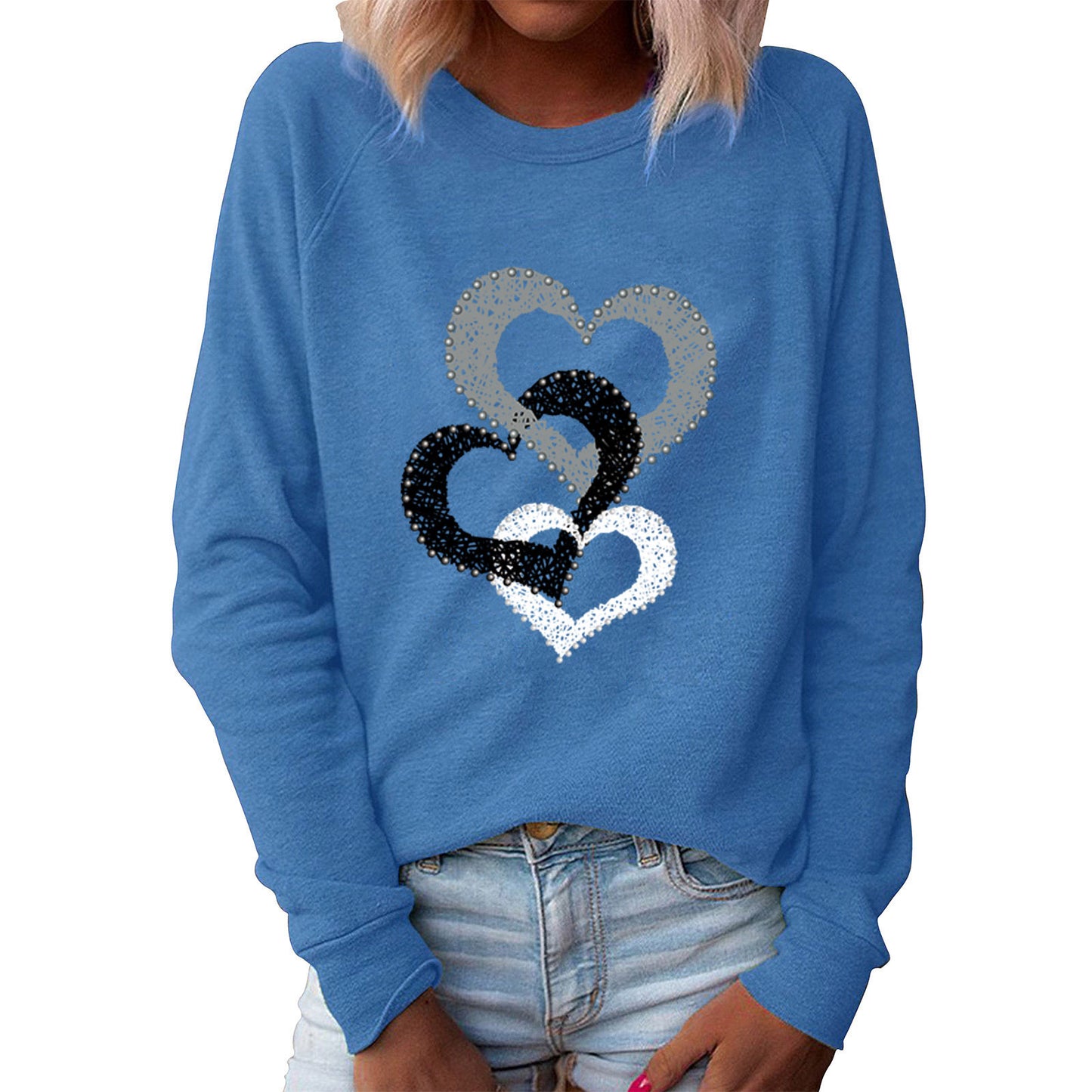 Women's Spring Valentine's Day Heart Printing Round Neck Long Women's Sweater, Sweater